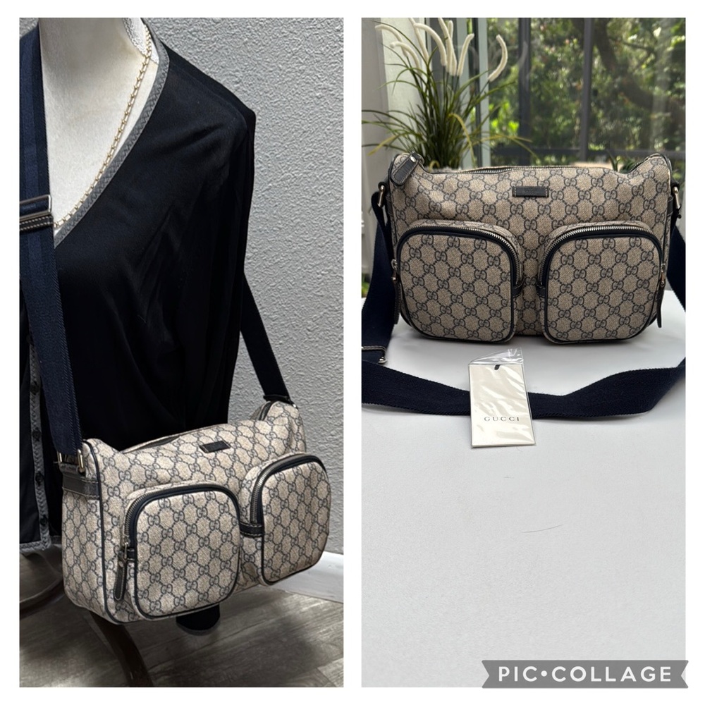 Authentic Gucci GG Monogram Navy & Cream Messenger Crossbody Bag